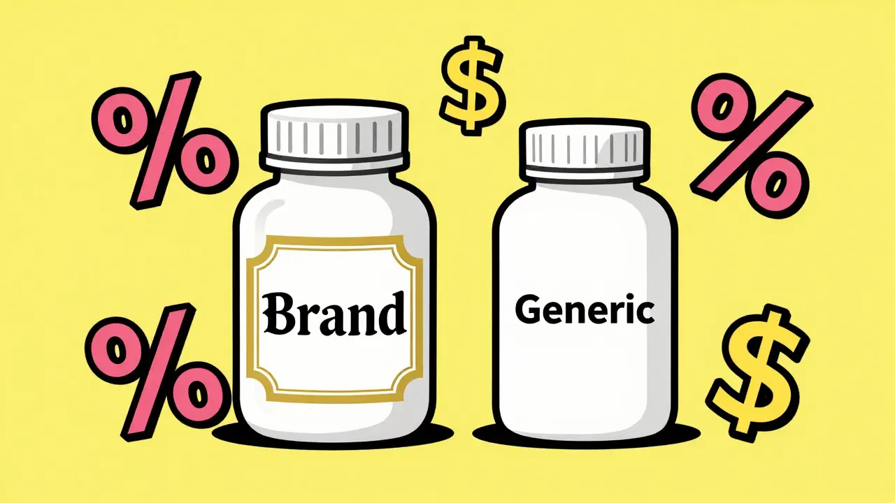 Comparison of brand name and generic medication bottles with price symbols.