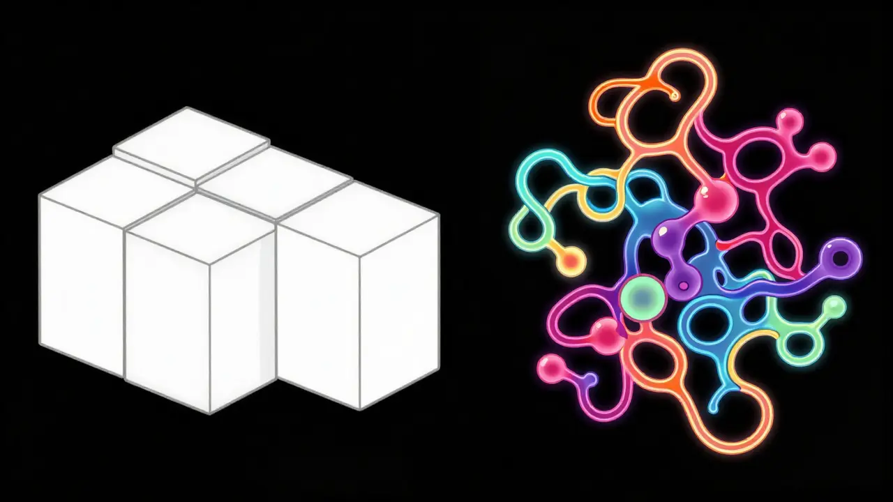 Comparison of simple chemical cubes versus complex, neon-colored organic protein structures.