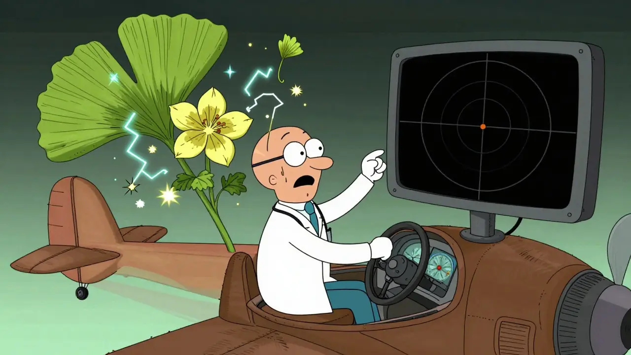 Doctor flying a plane with a blank radar and floating herbal plants