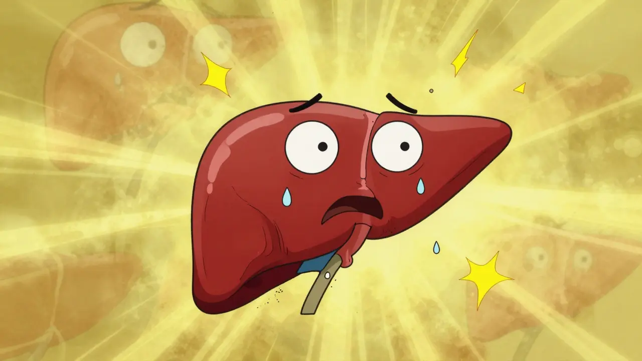 Inflamed red liver character looking panicked amidst a yellow haze.