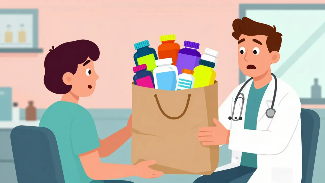 Patient showing a bag of supplements to a shocked doctor