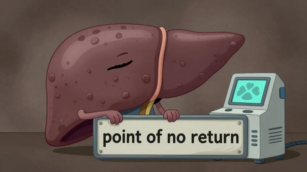 Scarred, shrunken grey liver next to a retro-futuristic scanning device.
