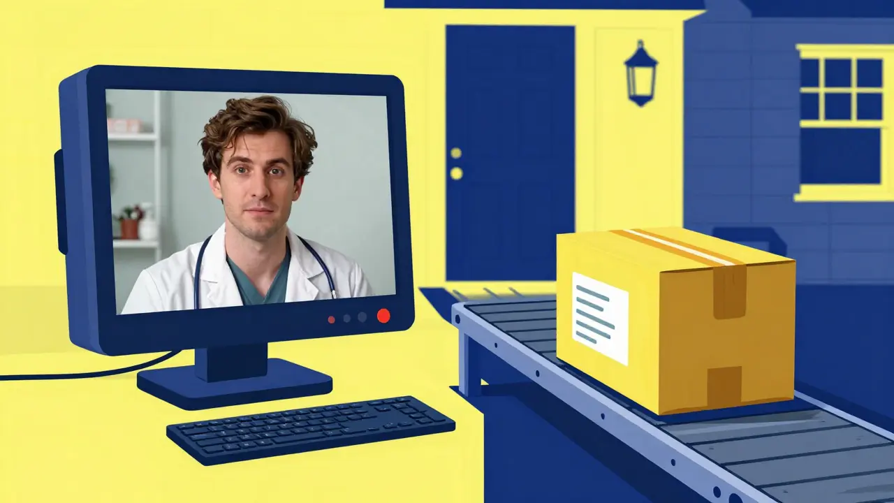 Split-screen showing a telemedicine video call and a medication package being delivered.