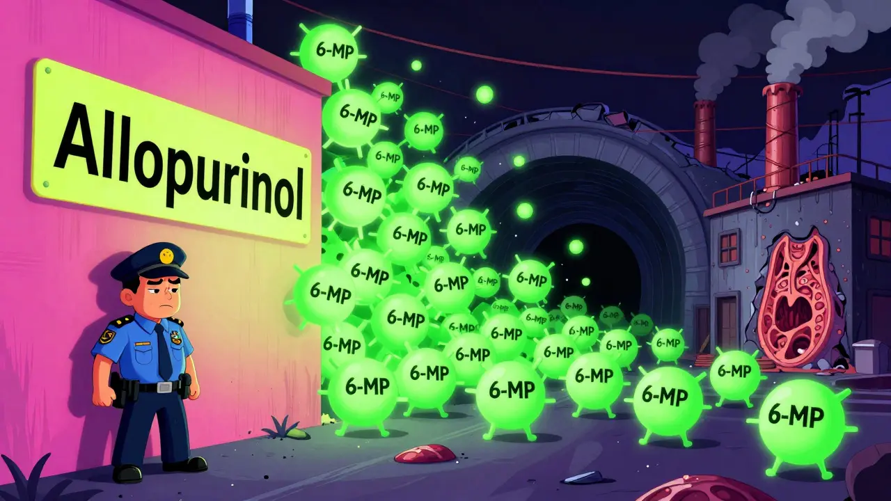 Surreal illustration of a blocked enzyme causing a buildup of toxic molecules.