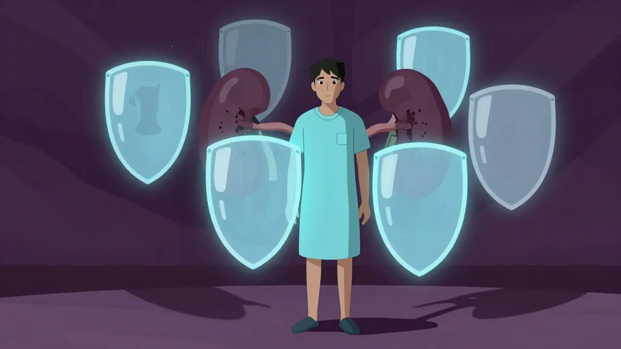 Abstract art of a person protected by shields from shadowy health threats