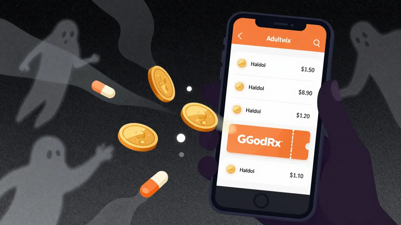 Abstract art of price savings and dissolving counterfeit pills on a phone.