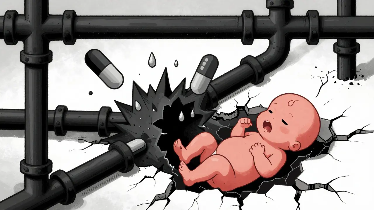 Abstract cartoon showing blocked pipes representing low amniotic fluid and kidney failure in a fetus.