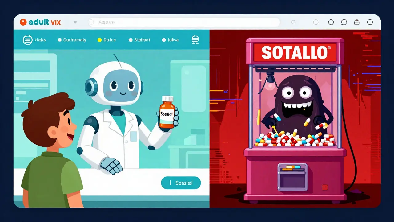 Cartoon comparison of safe online pharmacy vs shady site
