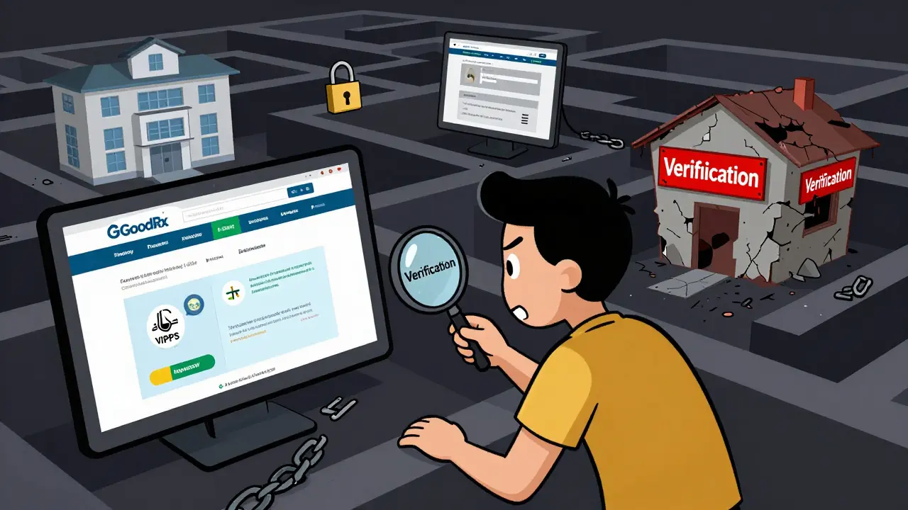 Cartoon of user verifying safe online pharmacies amidst scams