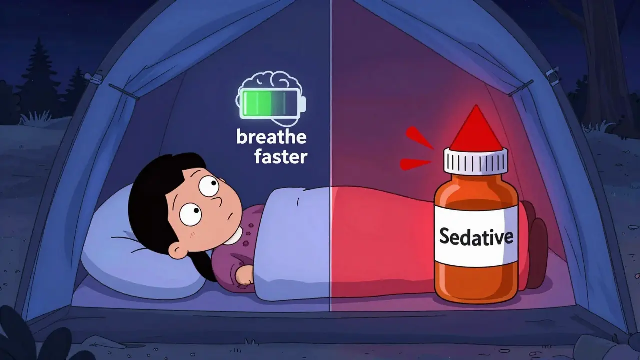 Cartoon showing sedatives suppressing breathing at high altitude