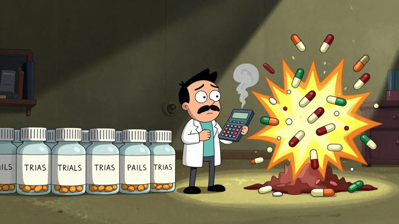 Chaotic pills vs neat rows illustrating drug variability impact on sample size