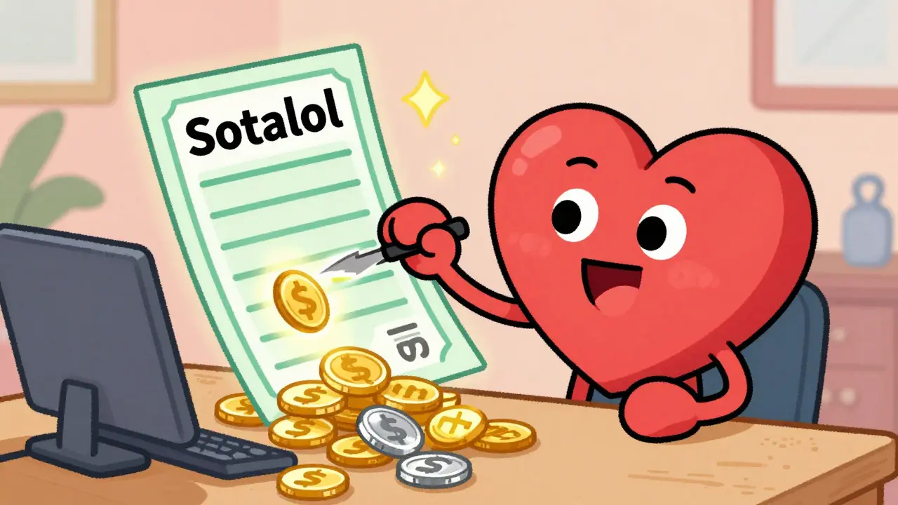 Character using coupons to save money on heart medication
