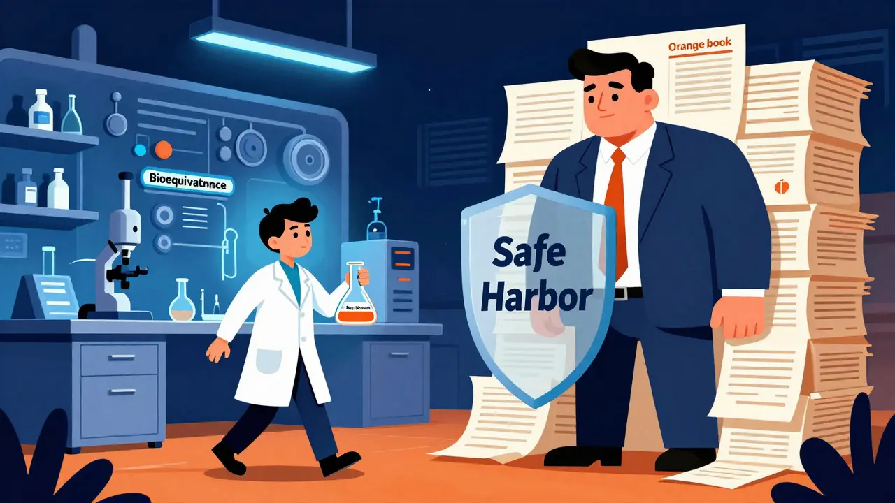 Conceptual art showing generic safe harbor testing versus brand patent protection barriers.