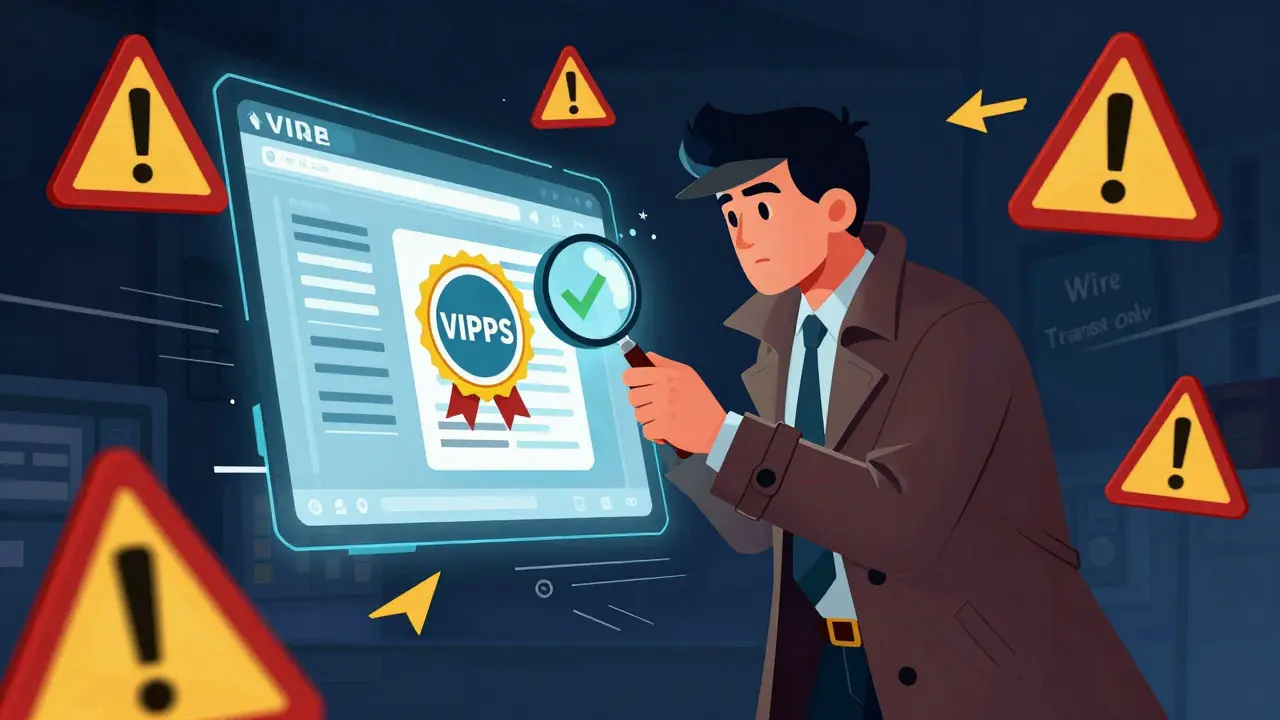 Detective verifying online pharmacy credentials and avoiding scams