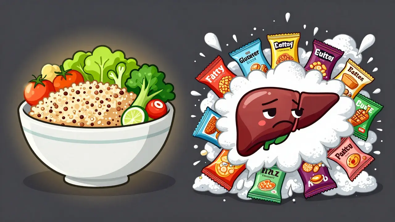 Healthy food vs processed snacks affecting liver health
