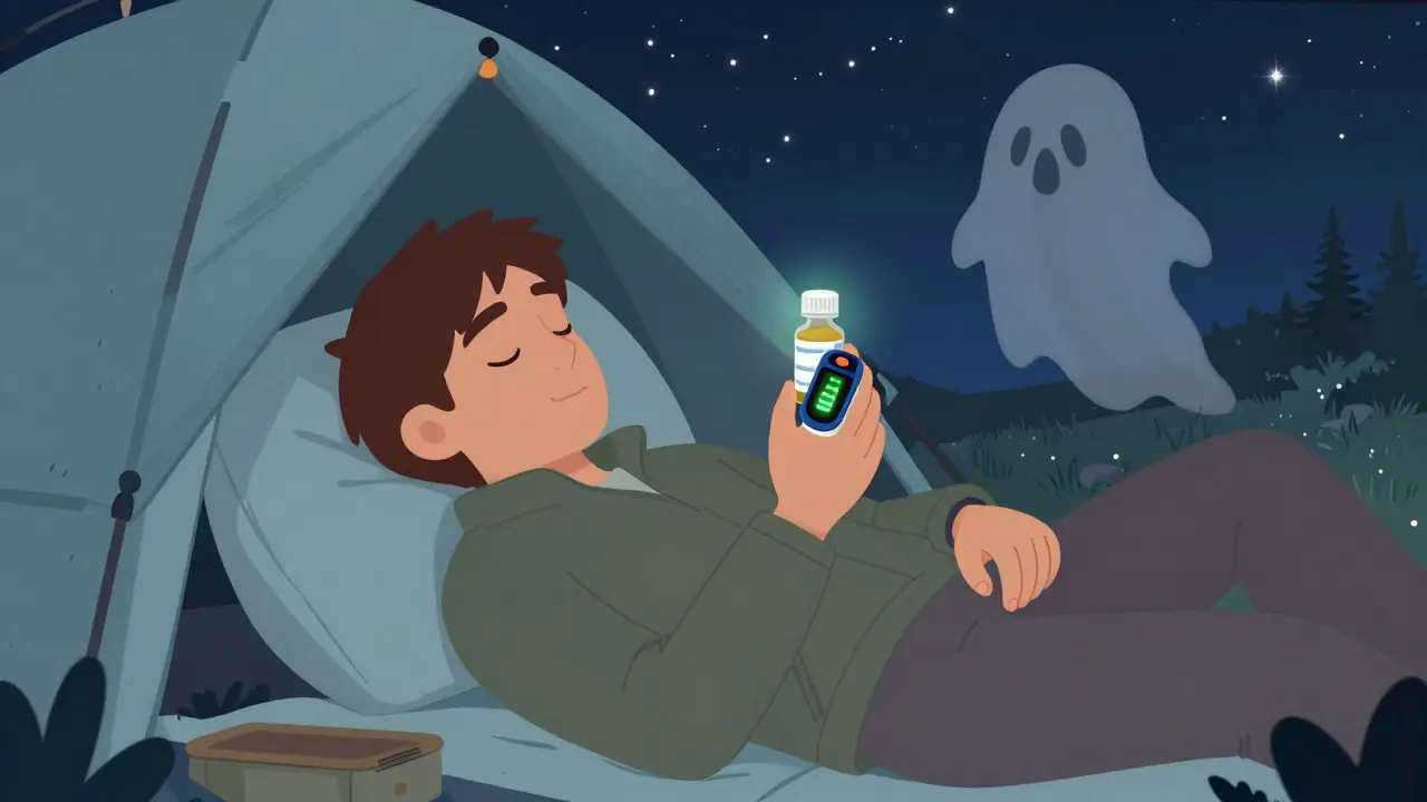 Hiker sleeping safely with melatonin and pulse oximeter