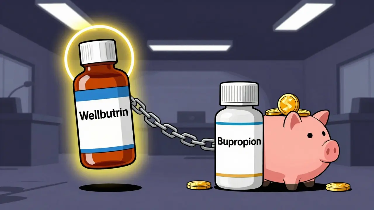 Illustration comparing expensive brand name vs cheap generic pills