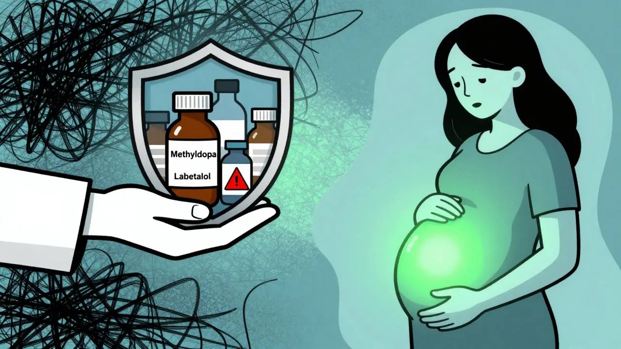 Illustration of a doctor offering safe medication shields to protect a healthy, glowing fetus.