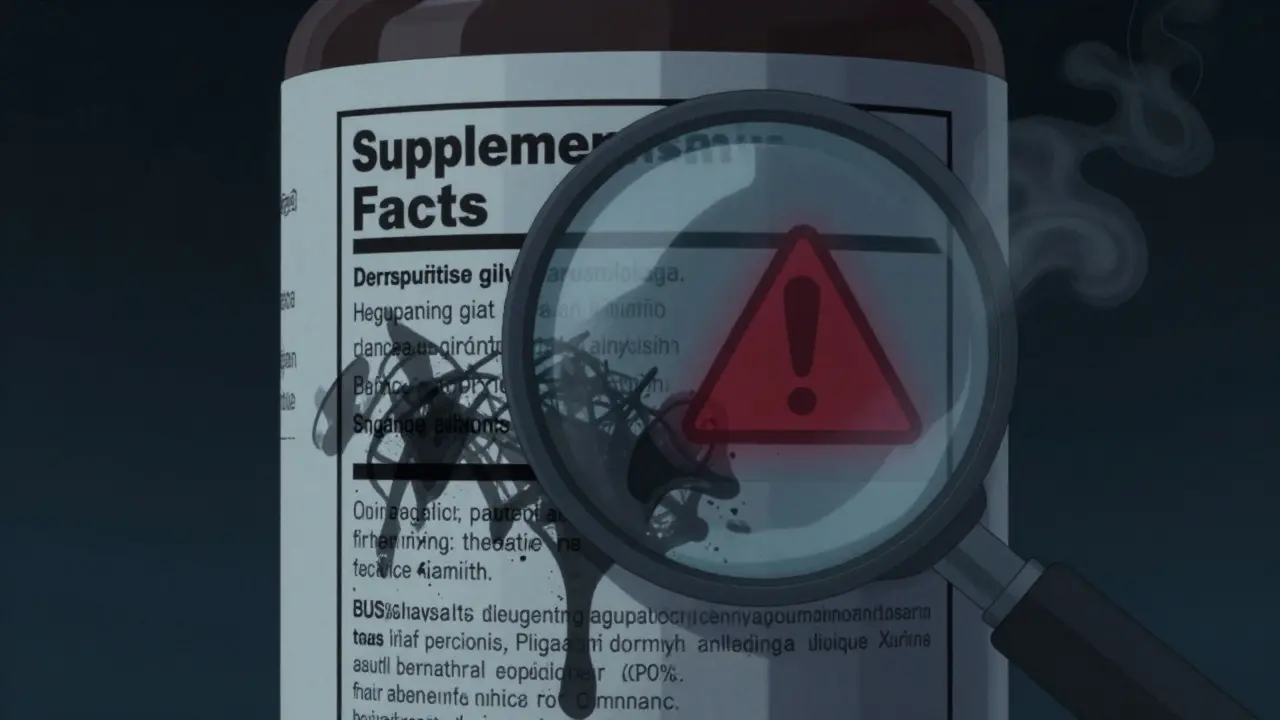 Illustration of supplement label melting into chaos under a magnifying glass