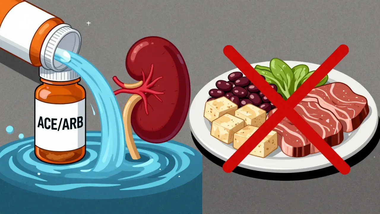 Illustration showing pills relaxing blood vessels and healthy food choices