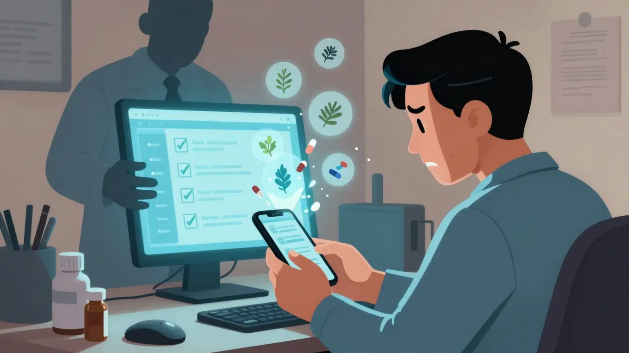 Person checking drug interactions on phone with shadowy pharmacist behind