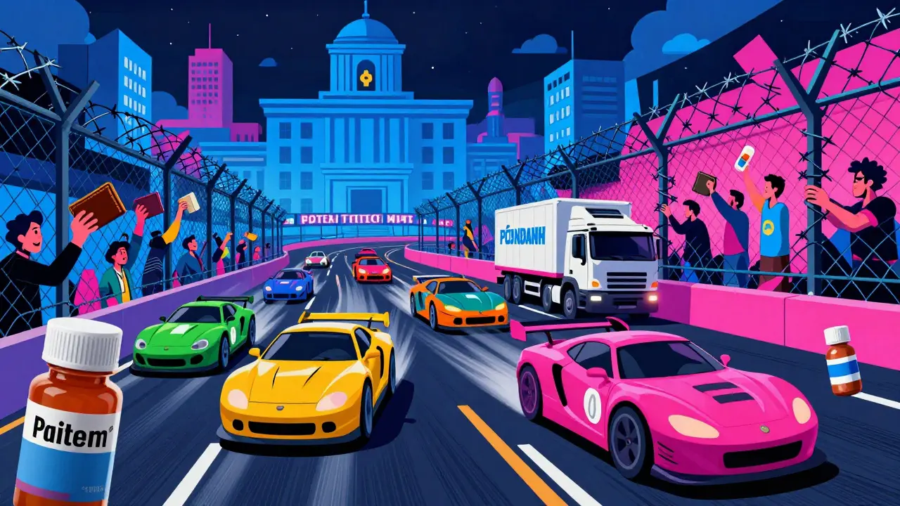 Satirical race track scene depicting generic drug competition against brand patent thickets.