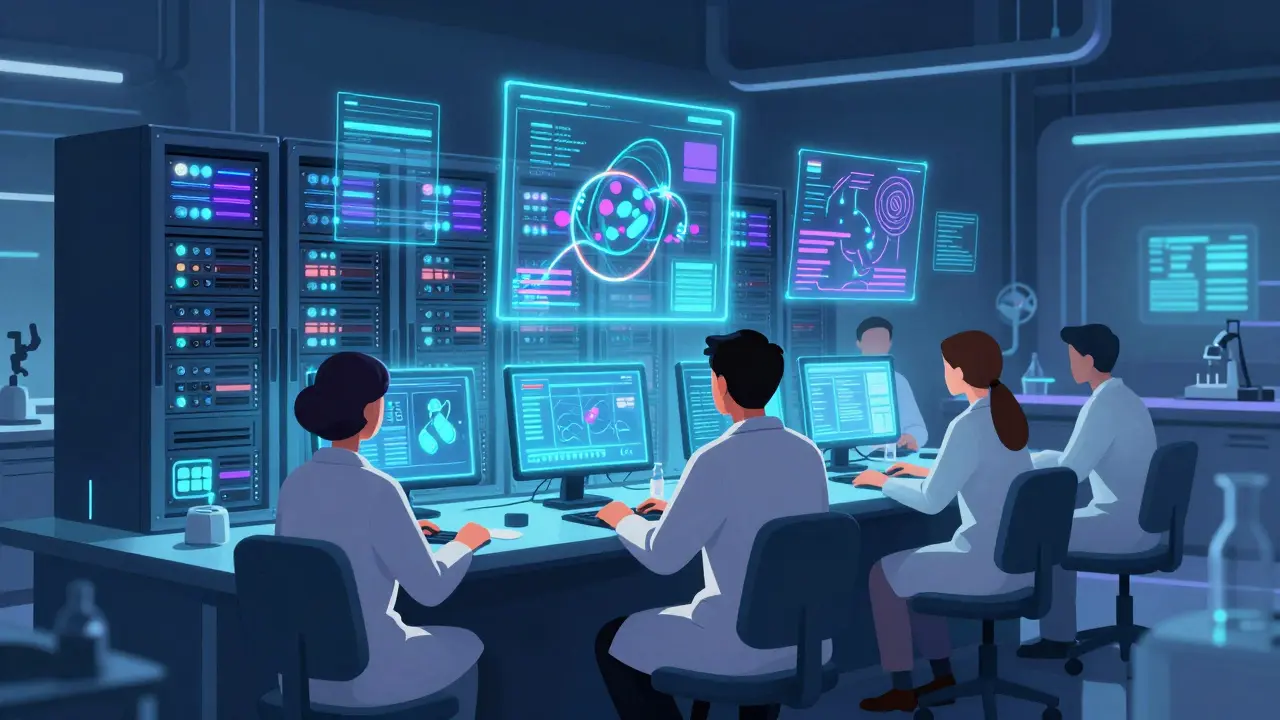 Scientists relaxing while AI models simulate drug data in a futuristic lab