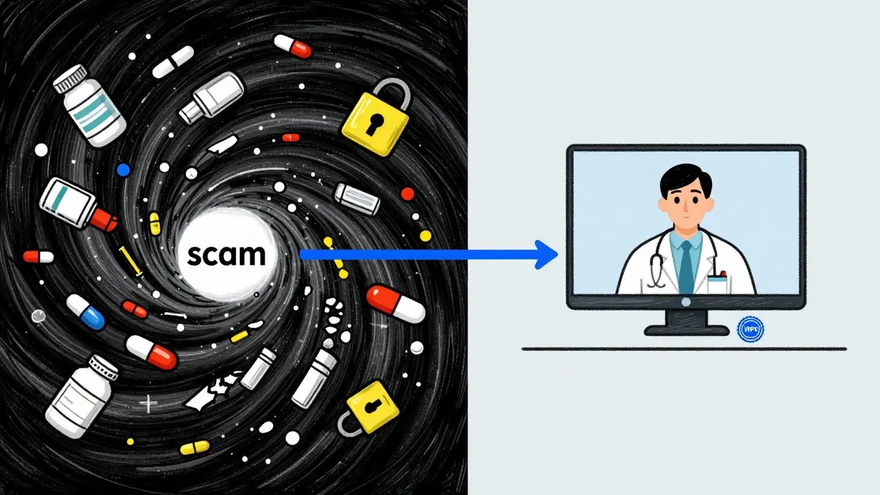 Split image showing chaotic scam risks versus safe telehealth pharmacy path.