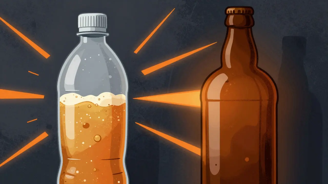 Amber bottle blocking UV rays vs clear bottle degrading