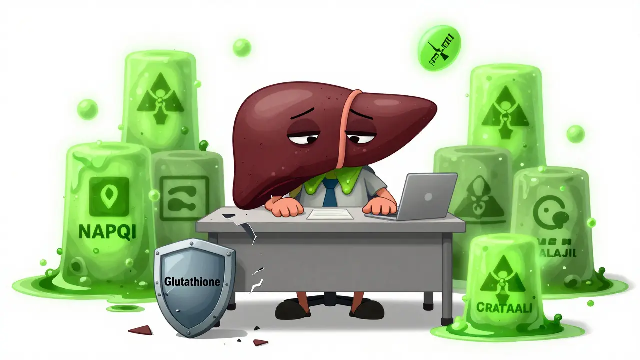 Anthropomorphic tired liver character surrounded by green toxic sludge and broken shields