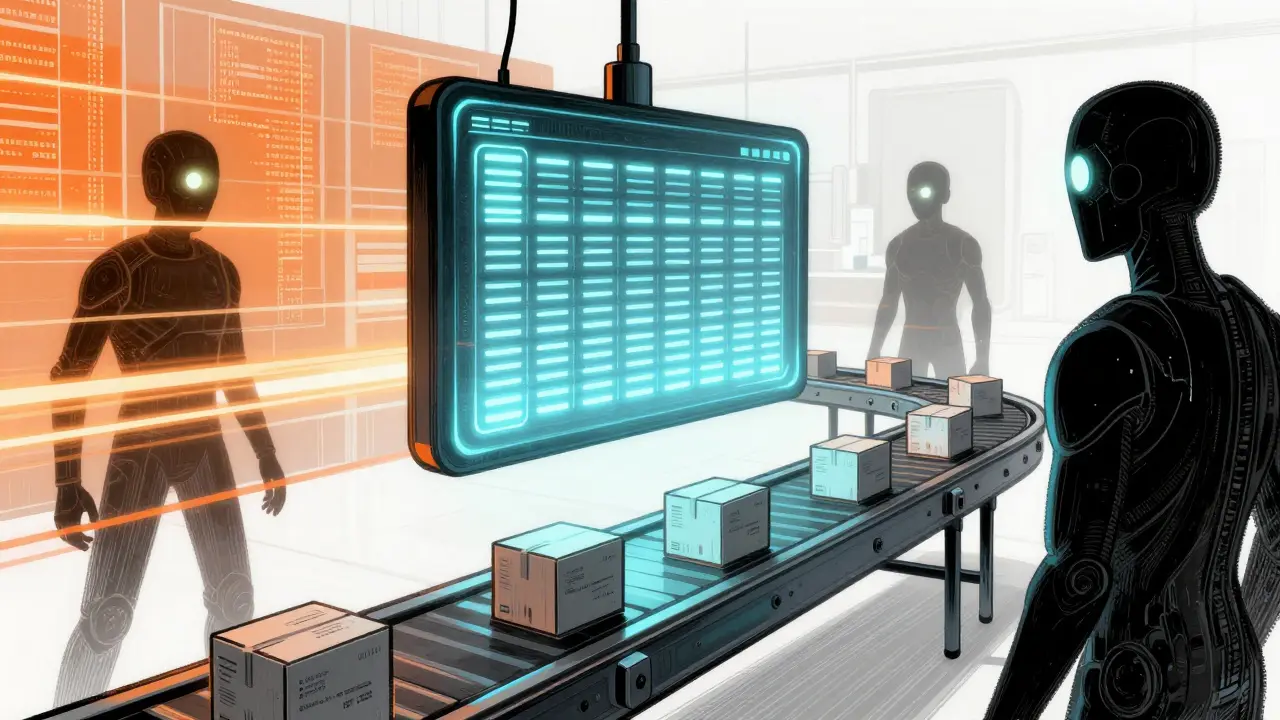 Blockchain AI scanning medicine boxes on a conveyor belt in dystopian style