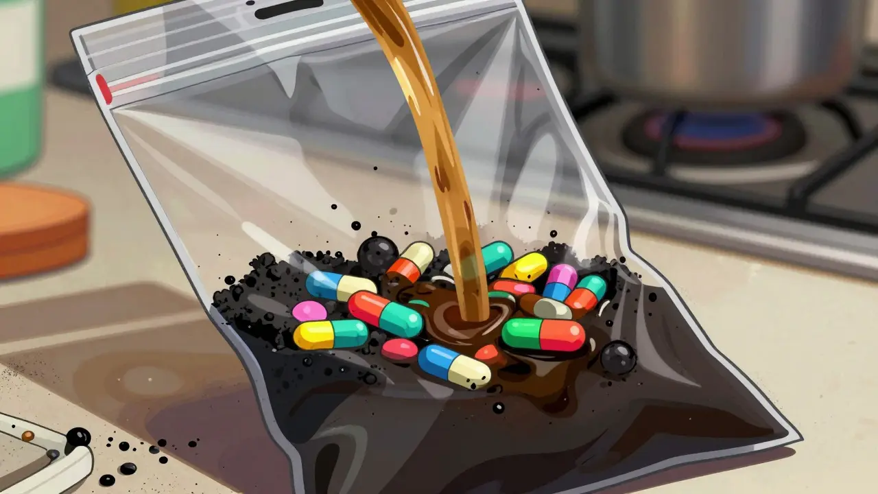 Close-up cartoon of pills dissolving in an activated carbon deactivation pouch