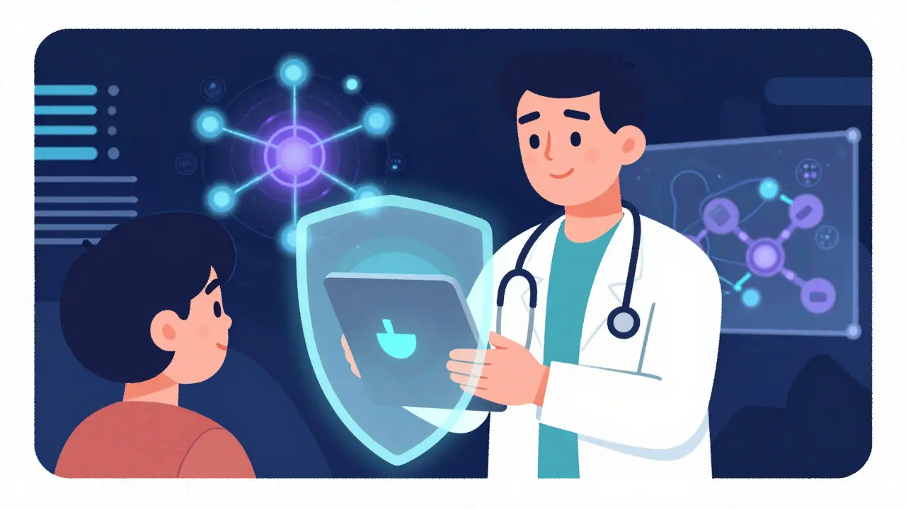 Doctor using a tablet to create a protective shield against medical risks