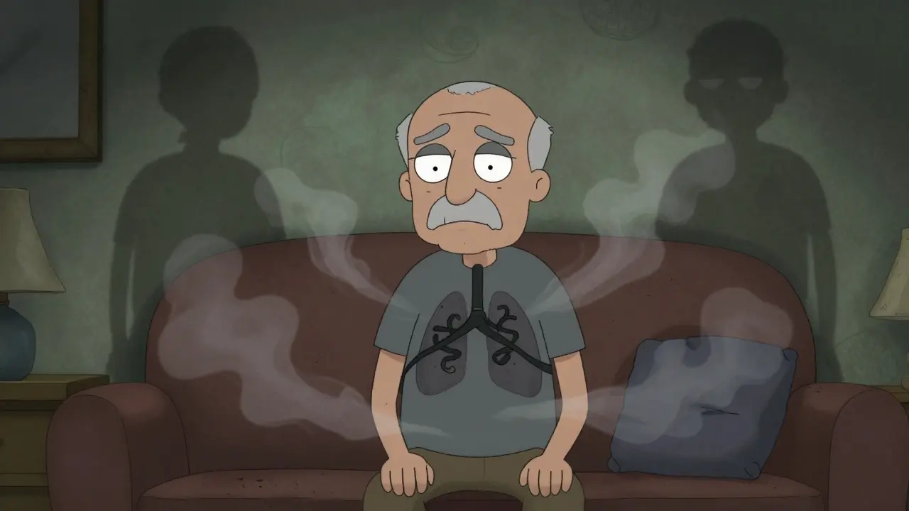 Elderly person surrounded by shadows representing respiratory illness and weakness.
