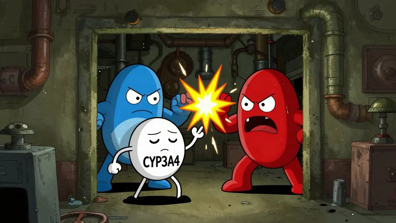 Factory scene where enzyme workers are overwhelmed by colliding drug characters