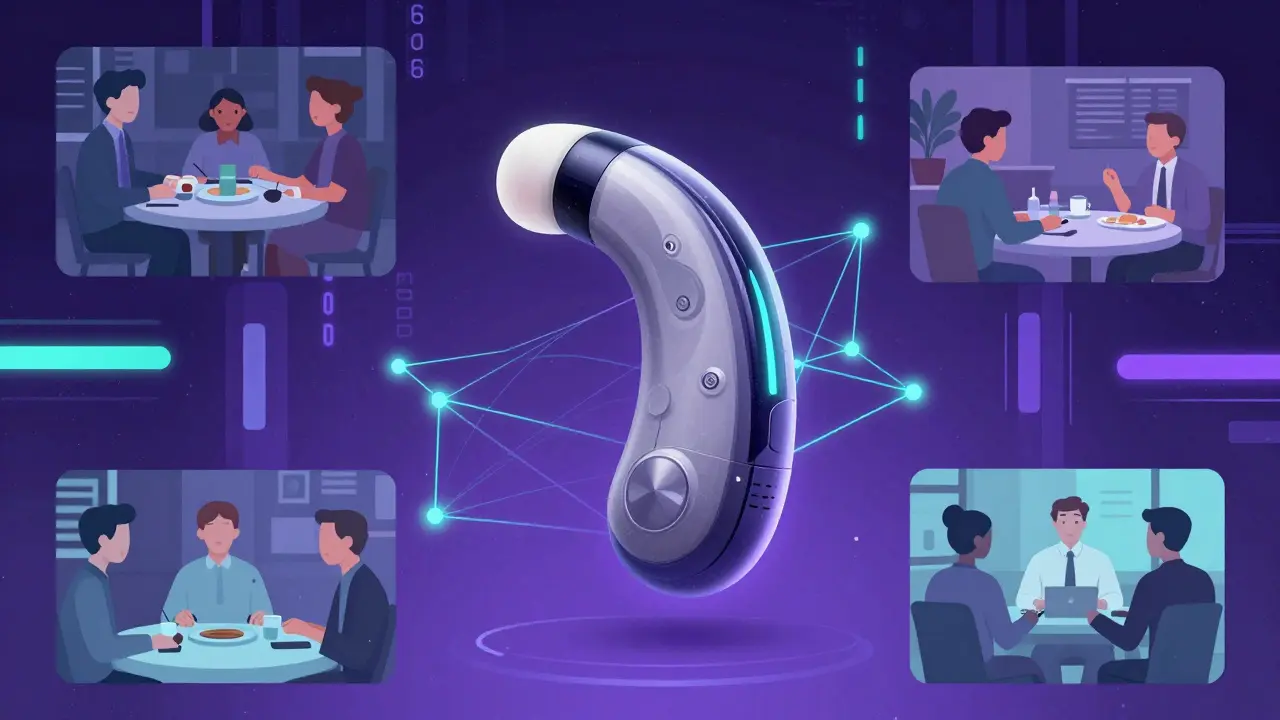 Futuristic hearing tech integrating AI and social life