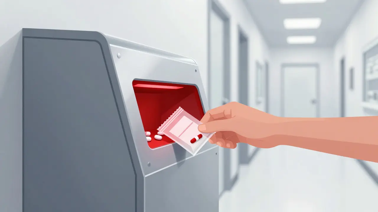 Illustration of hands dropping medication into a secure pharmacy take-back box