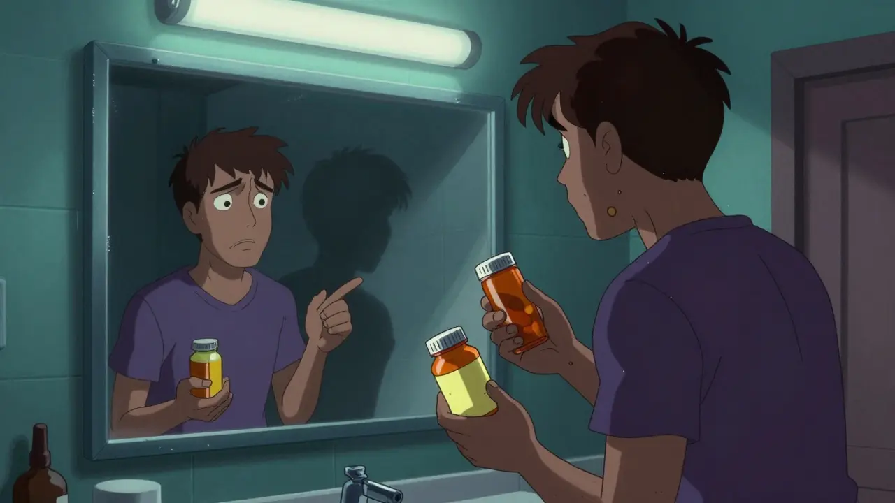 Person looking confused at mirror while holding multiple medication bottles in dim light