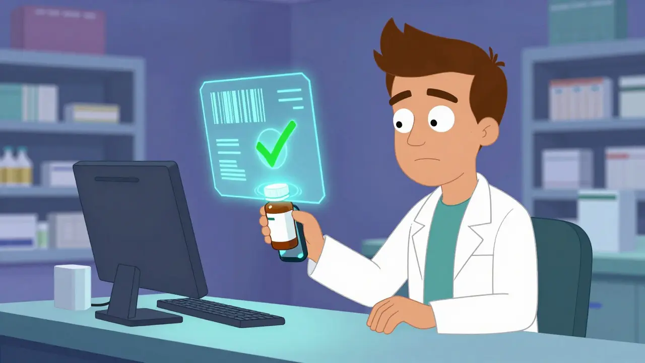 Pharmacist using a scanner to verify medication authenticity with a holographic display.
