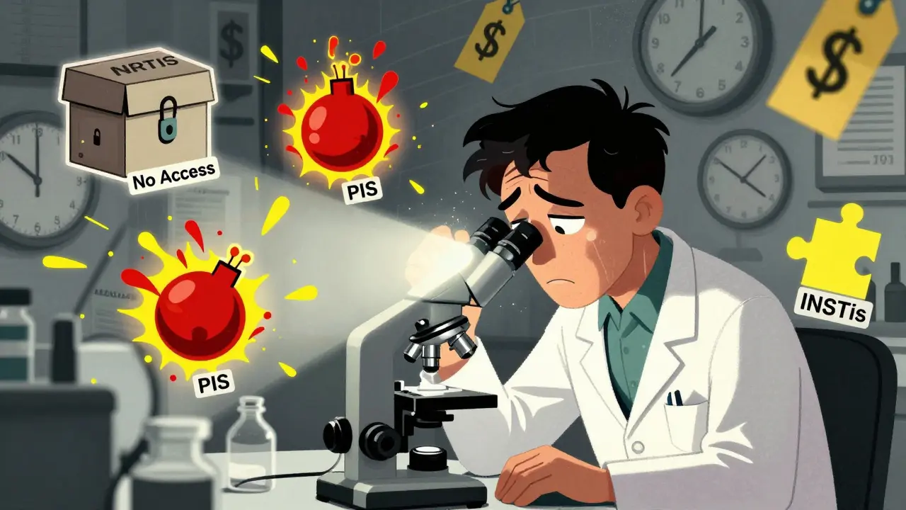 Scientist analyzing drugs amid clocks and price tags