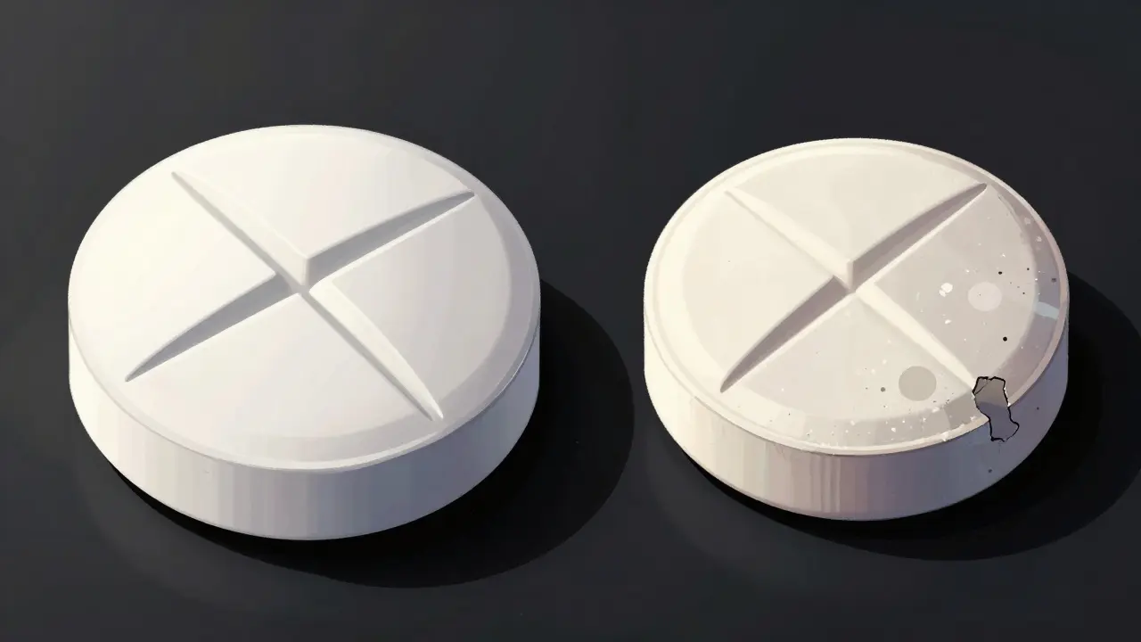 Side-by-side comparison of a perfect generic pill versus a chipped counterfeit pill.
