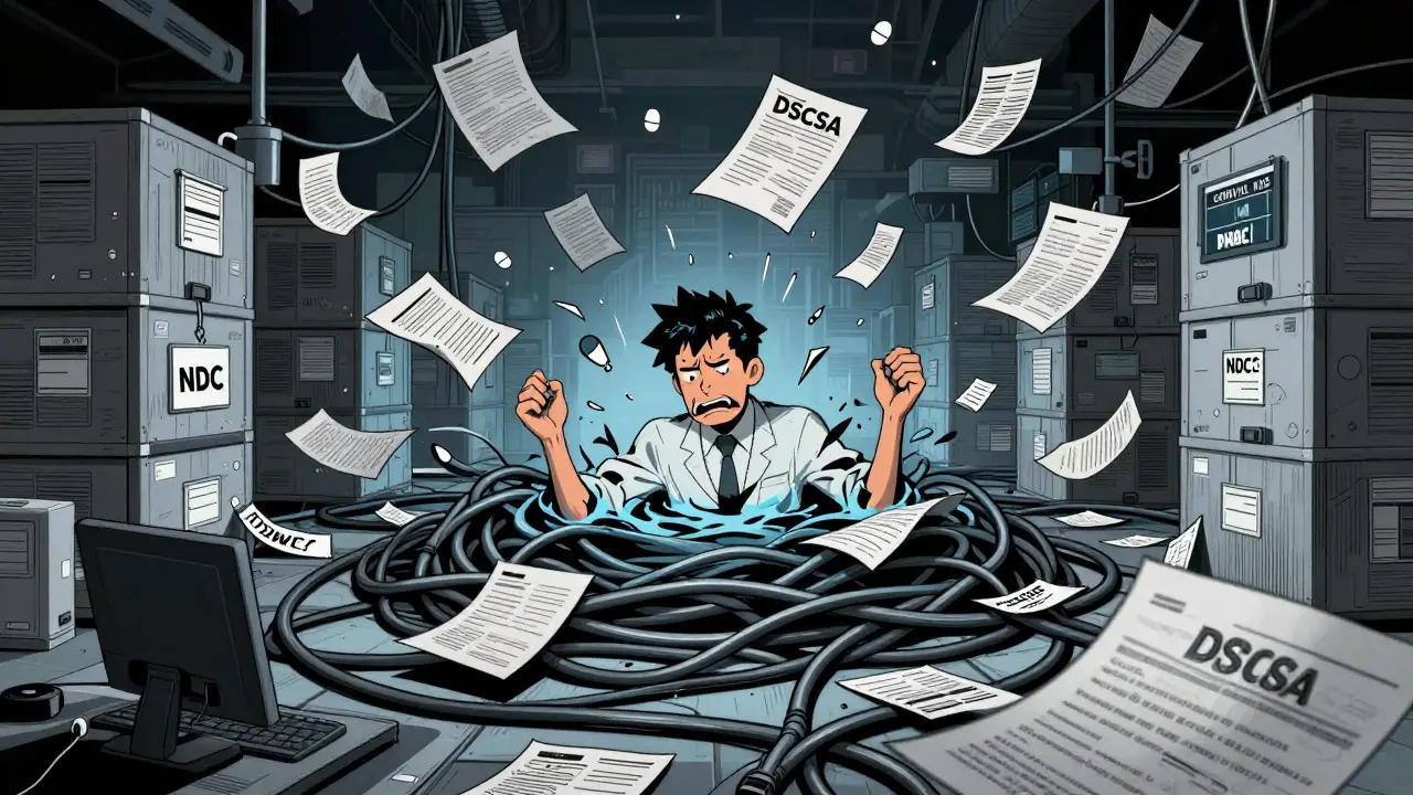 Stressed administrator drowning in DSCSA paperwork and tangled digital cables