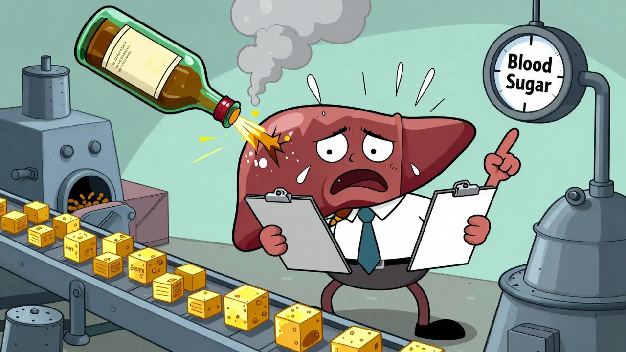 Anthropomorphic liver manager stressed by alcohol processing machinery