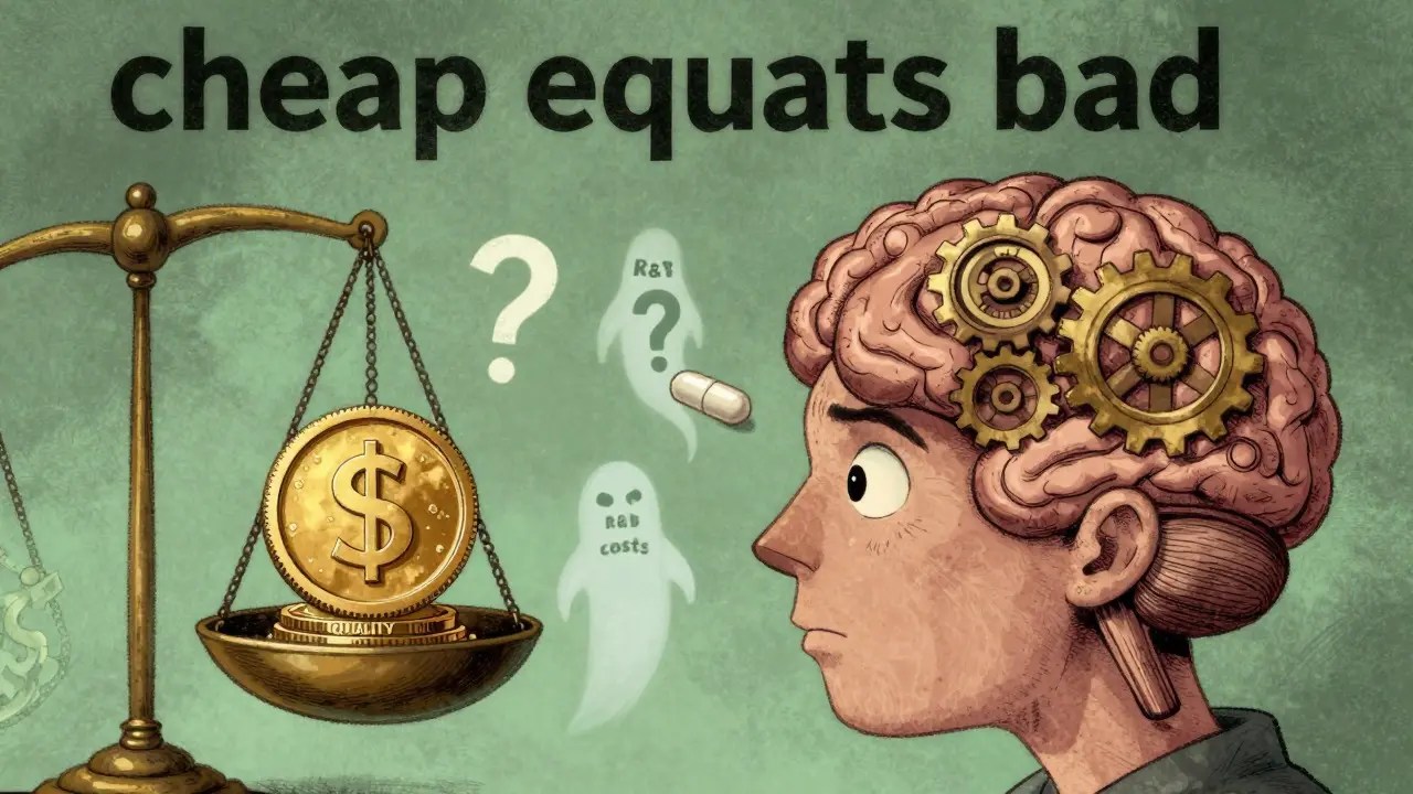 Cartoon brain weighing cost vs quality bias for generic drugs