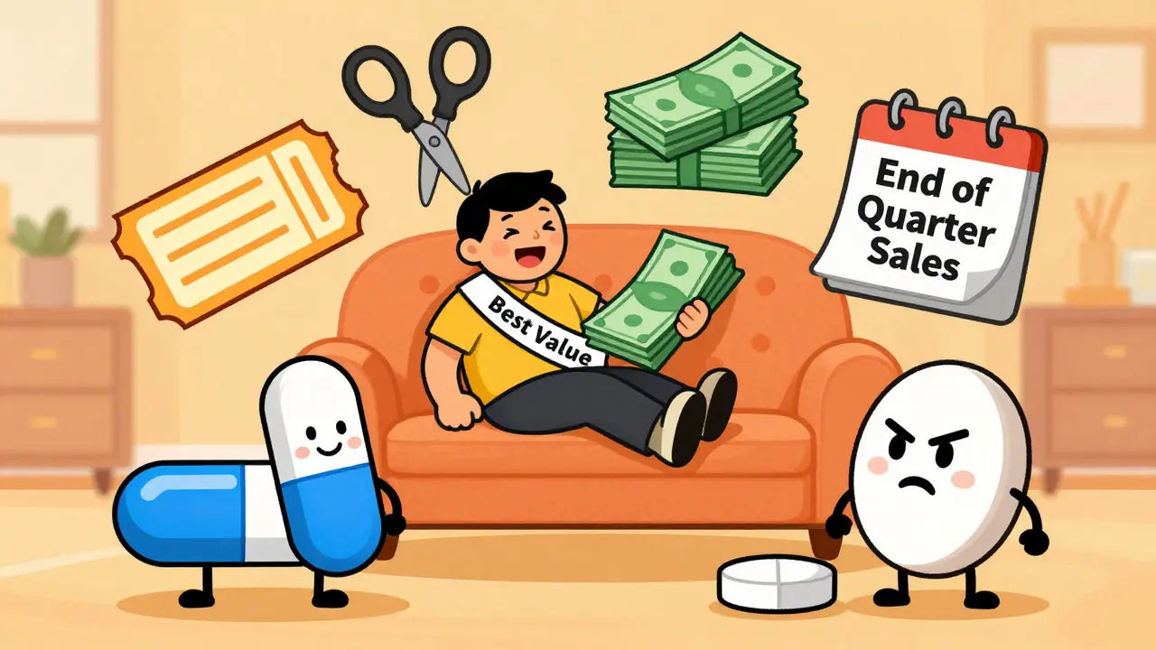 Character celebrating savings with coupons and value pills