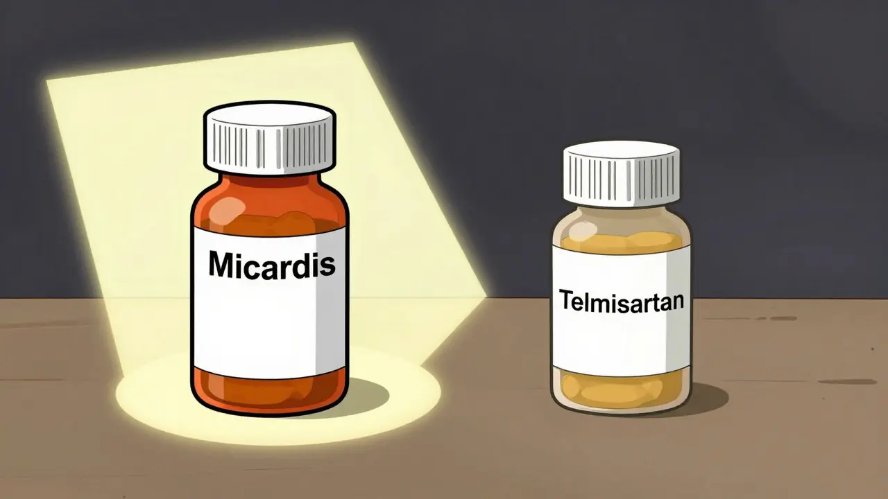 Comparison of expensive brand vs cheap generic pill bottles in cartoon style