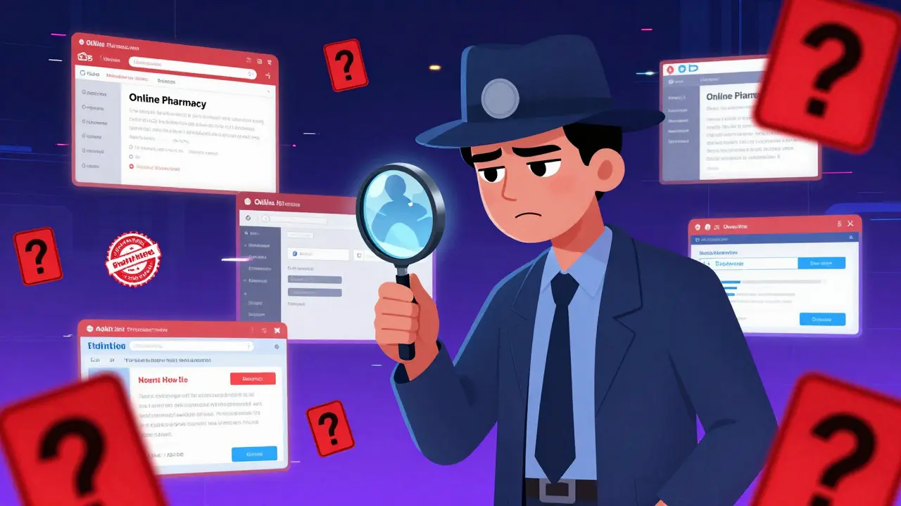 Detective inspecting suspicious online pharmacy websites in Adult Swim style