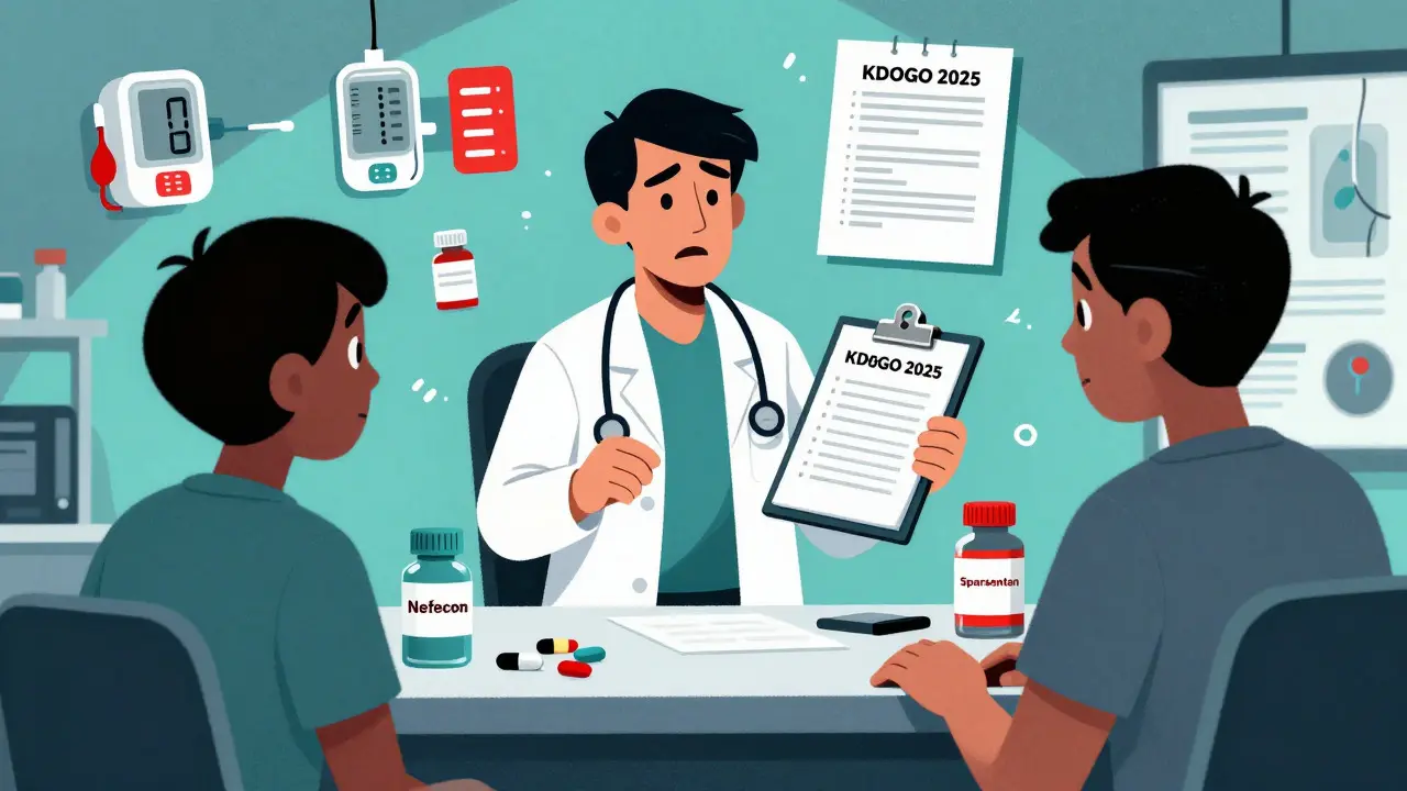 Doctor explaining complex new kidney drug treatments to patient