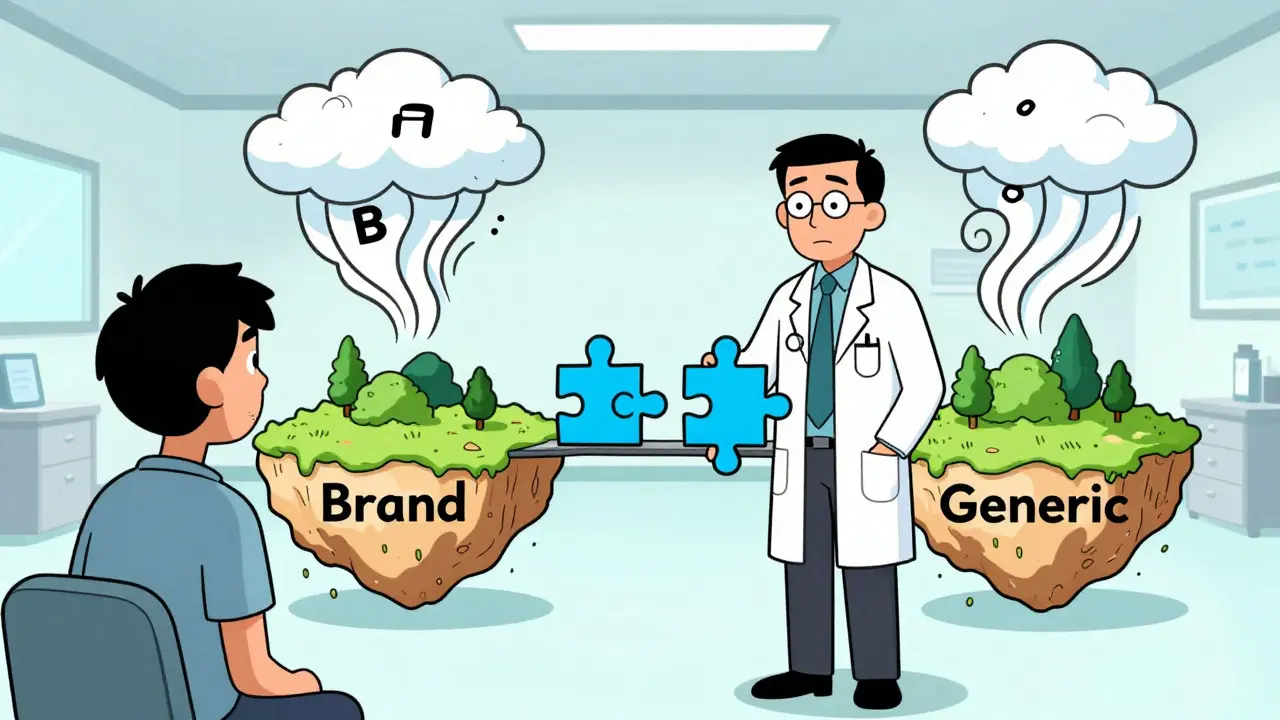 Doctor explaining generic safety to skeptical patient in cartoon style