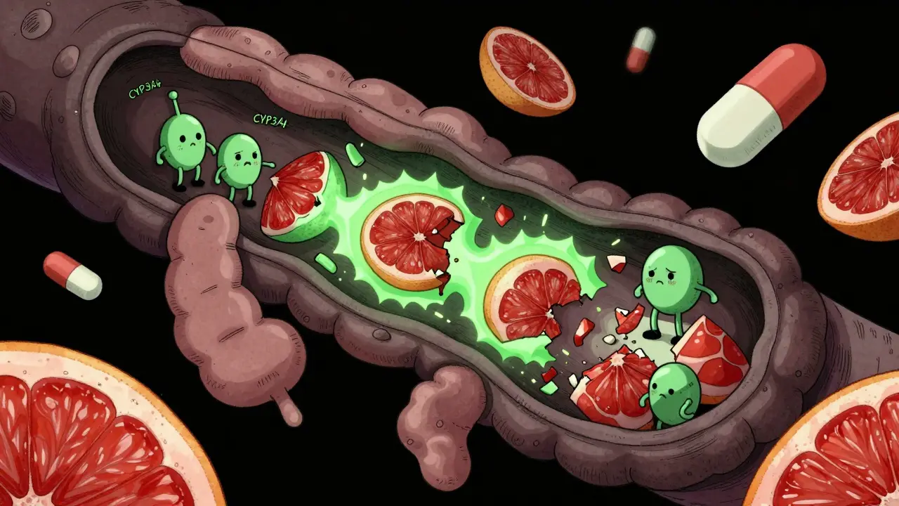 Enzymes blocked by grapefruit compounds in gut